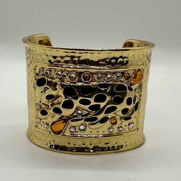 Lilly Pulitzer Hammered Goldtone Crystal Leopard Green Eyes Enamel Cuff Bracelet - Picture 1 of 9